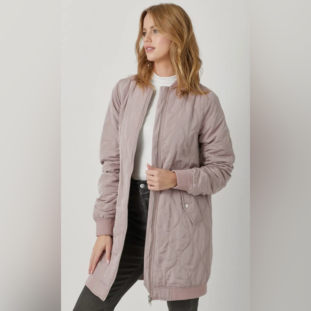 NEW Mystree Quilted Puffer Long Jacket Rose Mauve Pink W/Pockets Full Zip